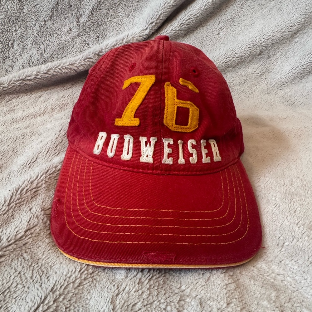 Budweiser 76 Red Adjustable Strap‎ Distressed Cap with Yellow Embroidery